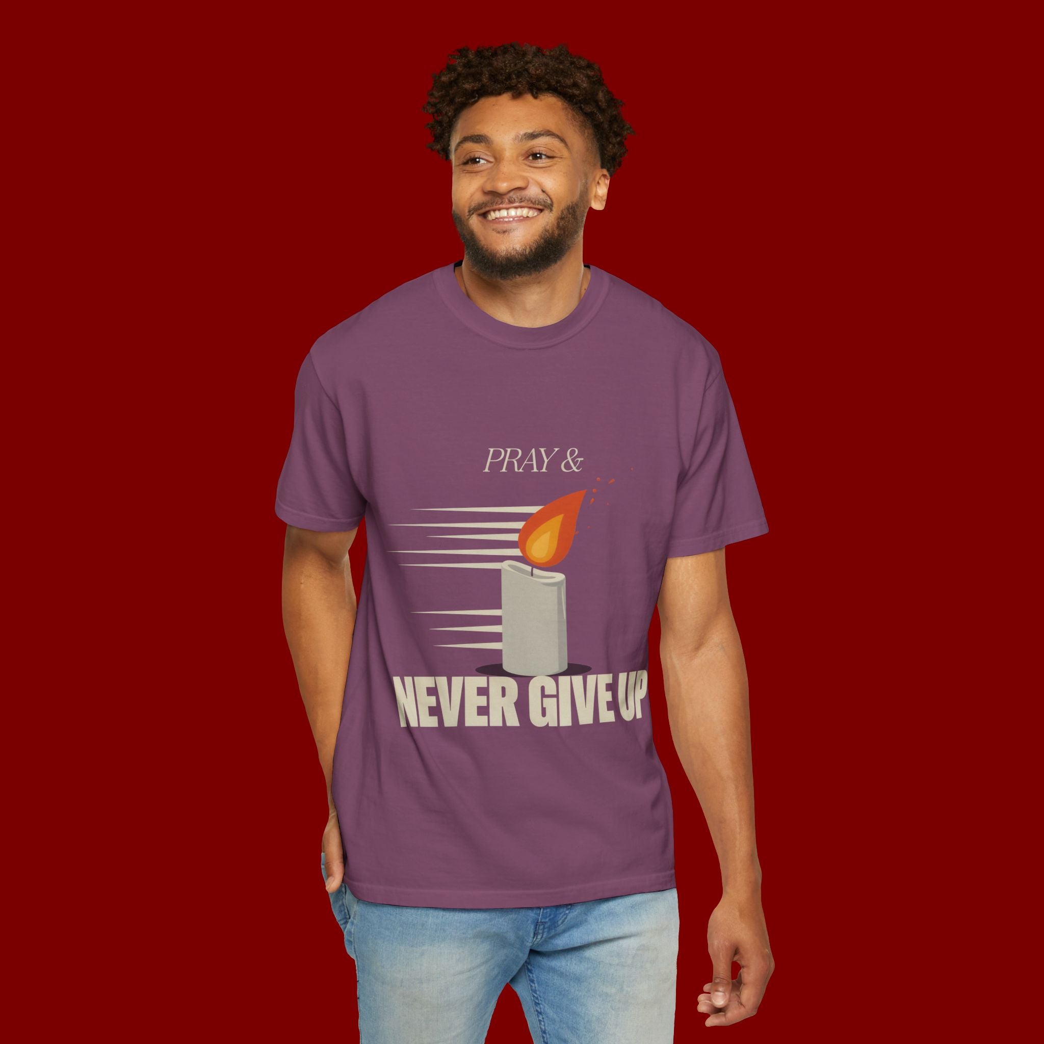 Pray & Never Give Up T‑Shirt — Inspirational Candle Faith Tee