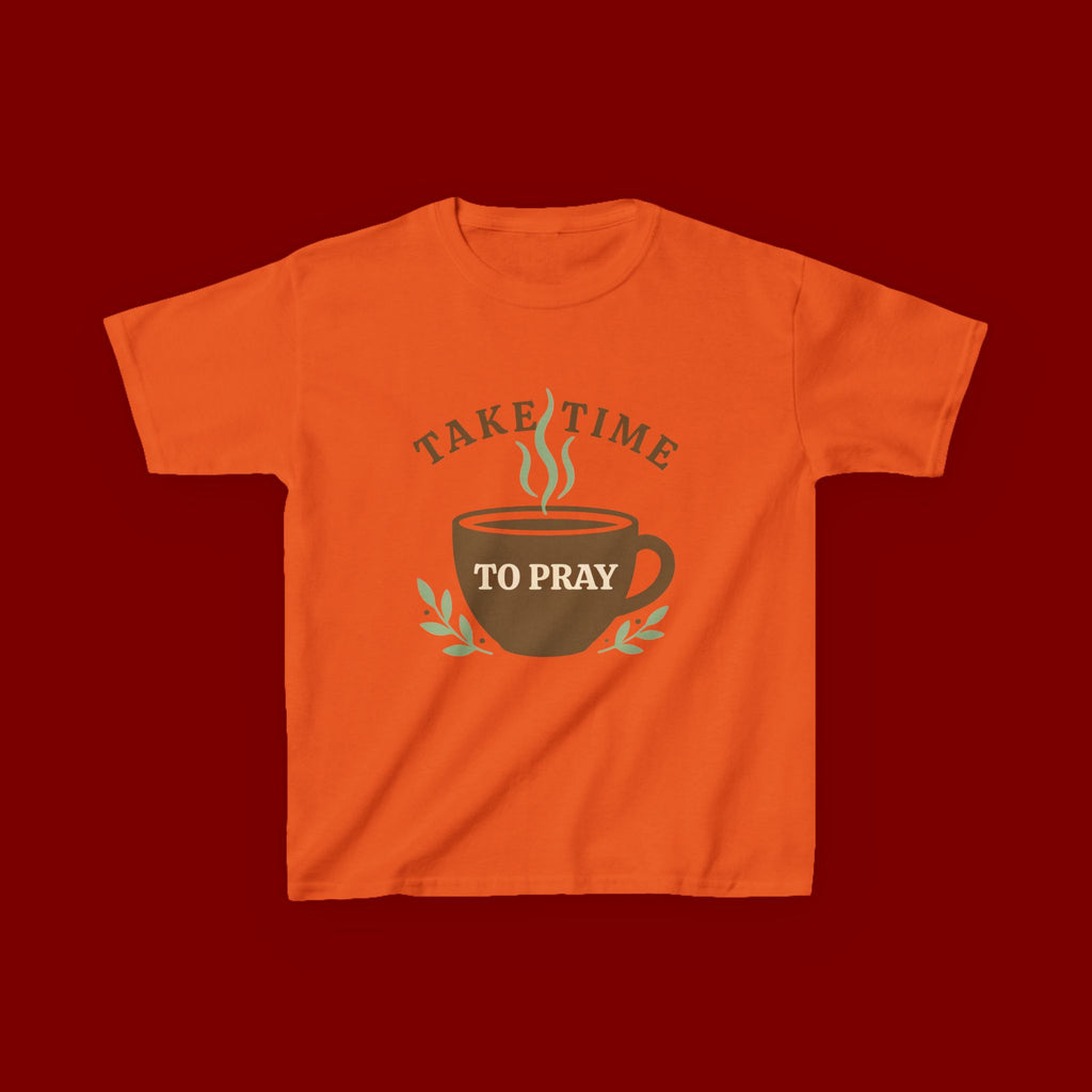 Kids Tee — "Take Time to Pray" Coffee Cup Faith Graphic