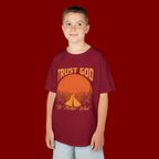 Kids Tee — "Trust God No Matter What" Sunset Camping Graphic