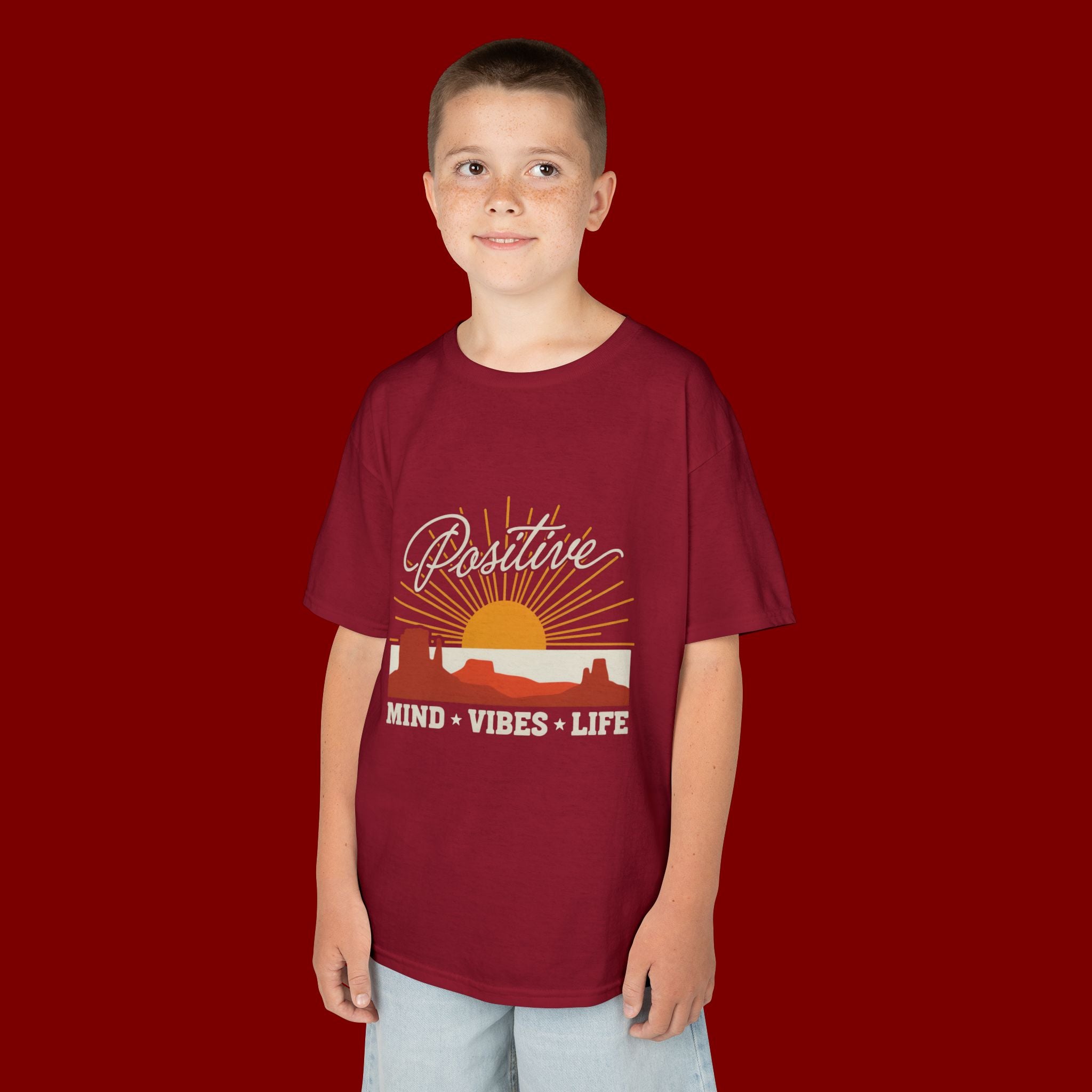 Kids T-Shirt - "Positive" Retro Sunrise Tee (Mind • Vibes • Life)