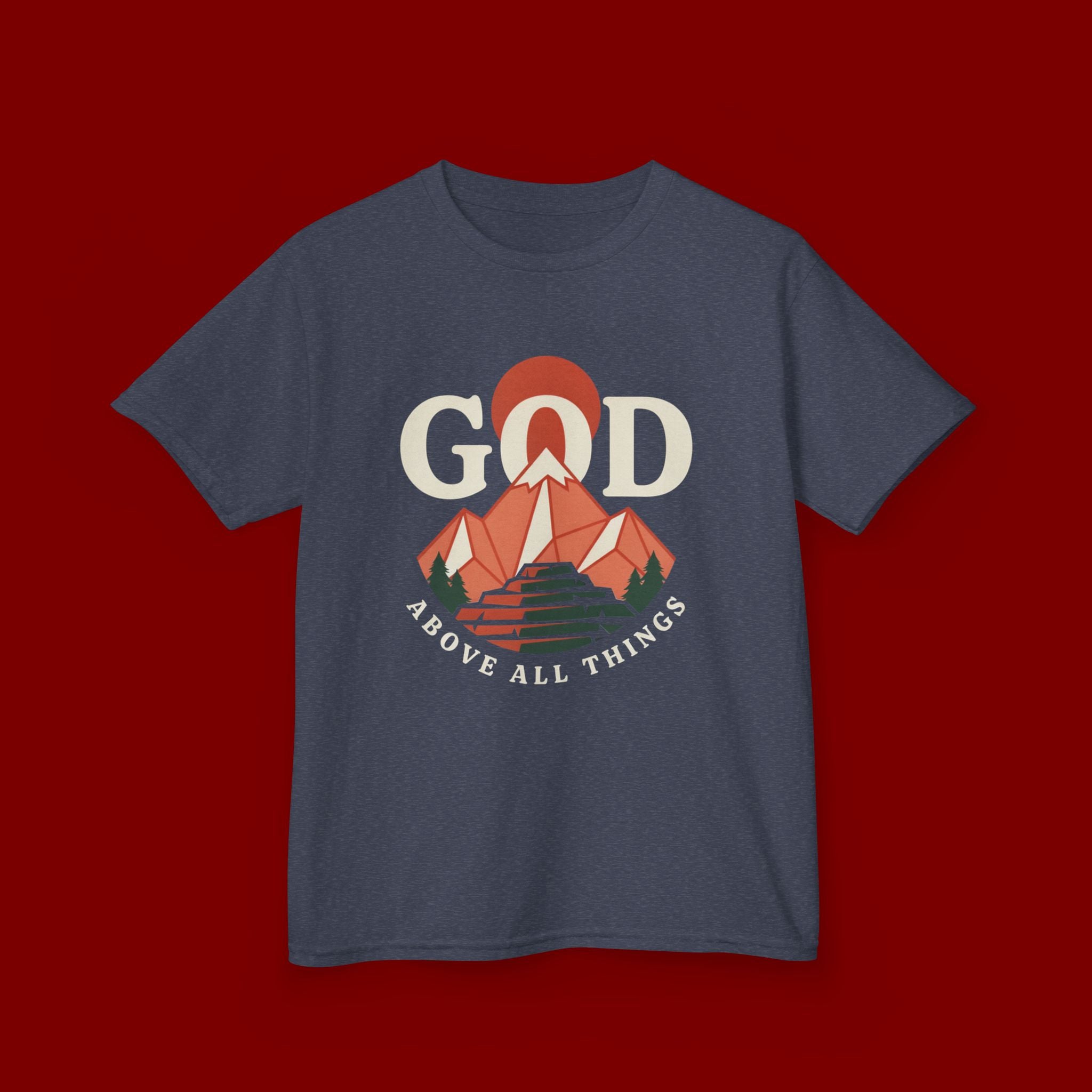 Kids Tee – 'GOD' Mountain Sunrise Faith Graphic