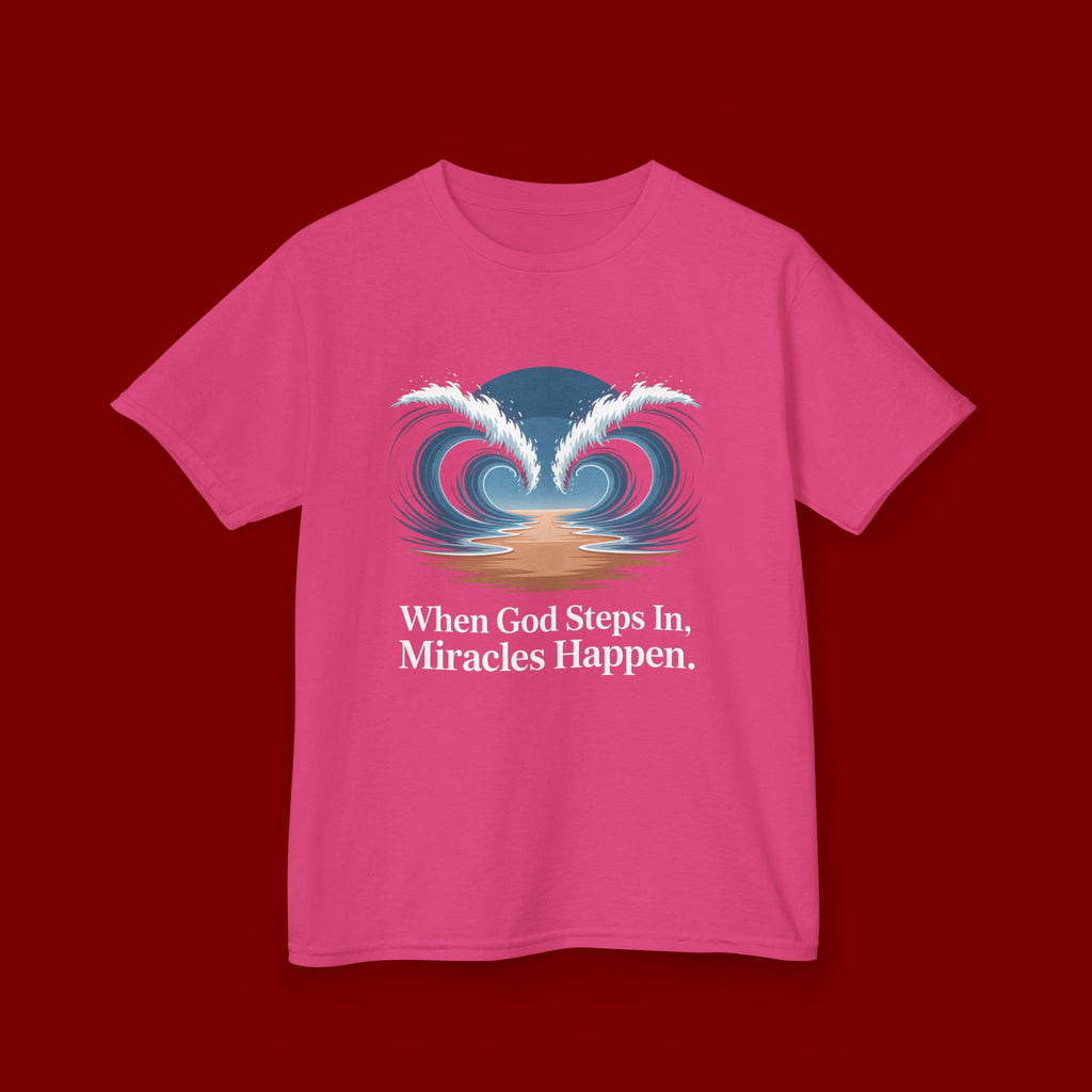 Kids Tee — “When God Steps In, Miracles Happen” Wave Heart Faith Shirt
