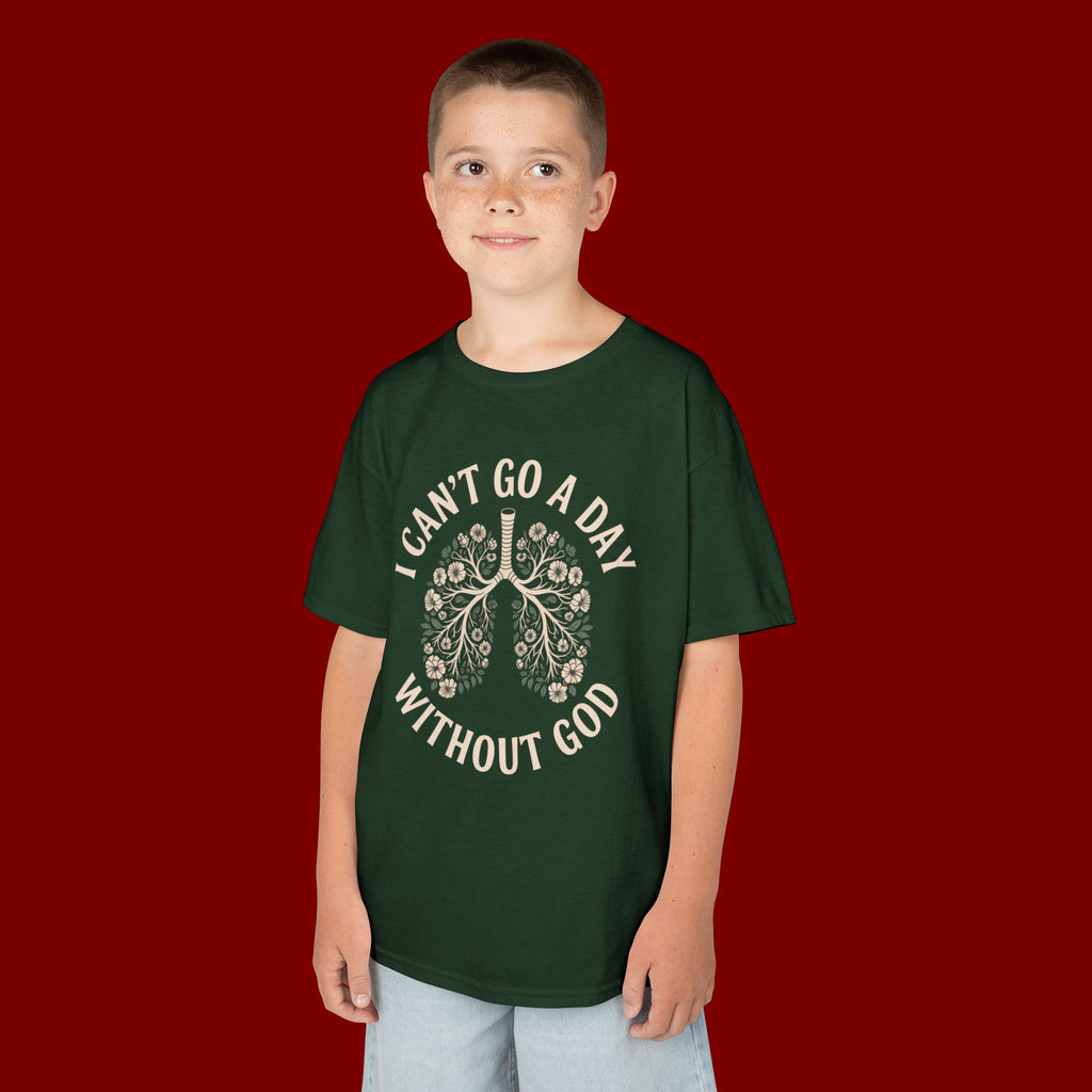 Kids T-Shirt – "I Can't Go a Day Without God" Floral Lungs Christian Tee