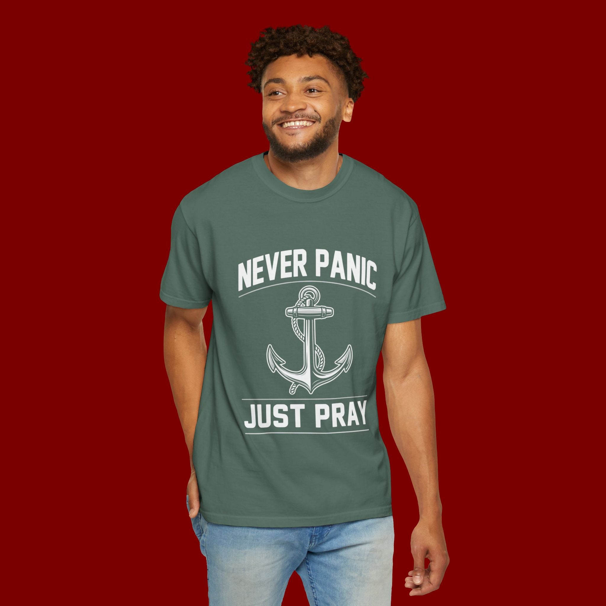 T-Shirt — "Never Panic Just Pray" Anchor Christian Faith Tee
