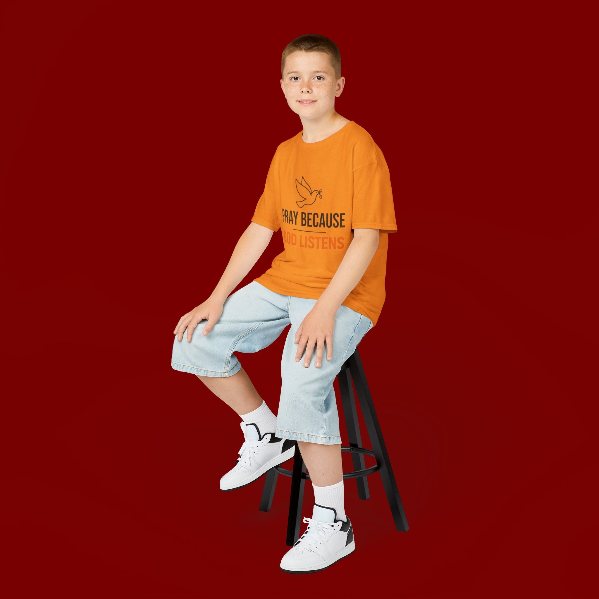 Kids T-Shirt — "Pray Because God Listens" Christian Faith Tee with Dove Graphic