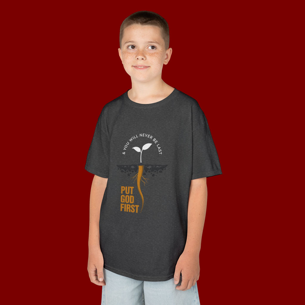 Kids T‑Shirt — 'Put God First' Religious Sprout Graphic Tee (Christian Youth)