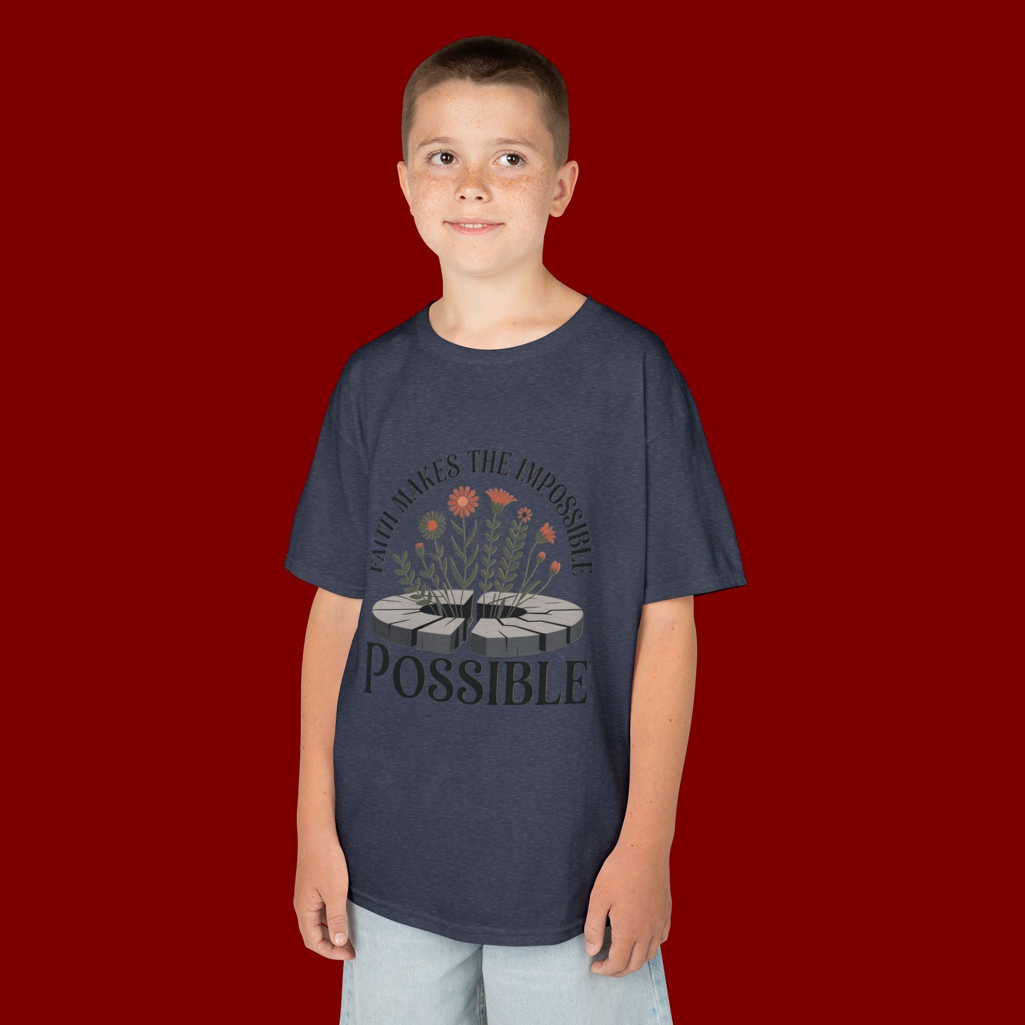 Kids Tee — “Faith Makes the Impossible Possible” Floral Inspirational Shirt