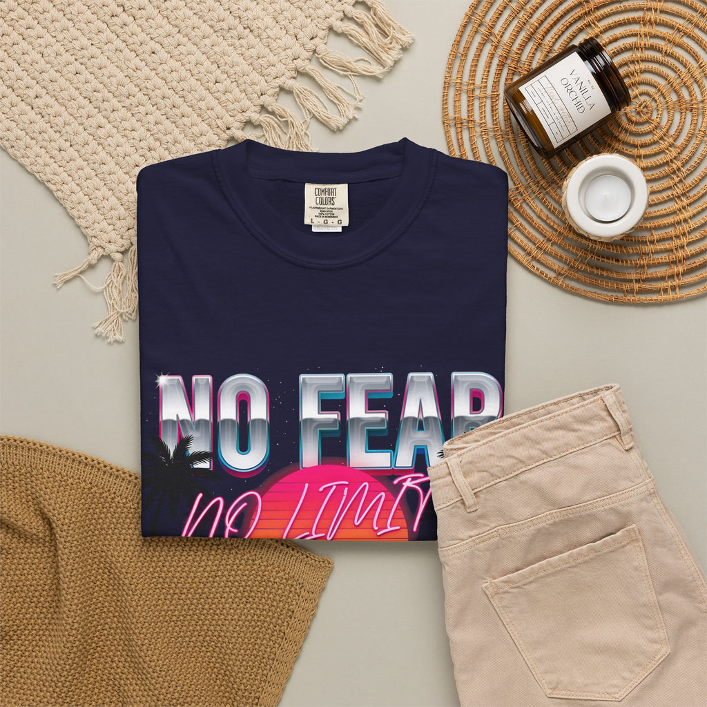 No Fear, No Excuses T-Shirt — Retro Sunset Palm Graphic Tee