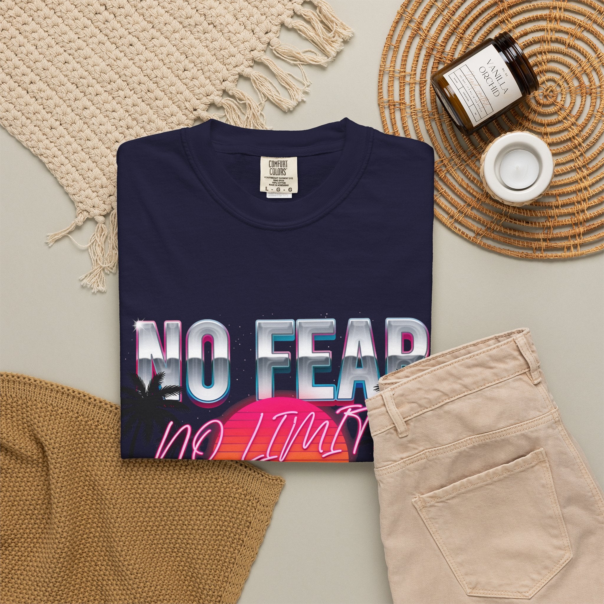 No Fear, No Excuses T-Shirt — Retro Sunset Palm Graphic Tee