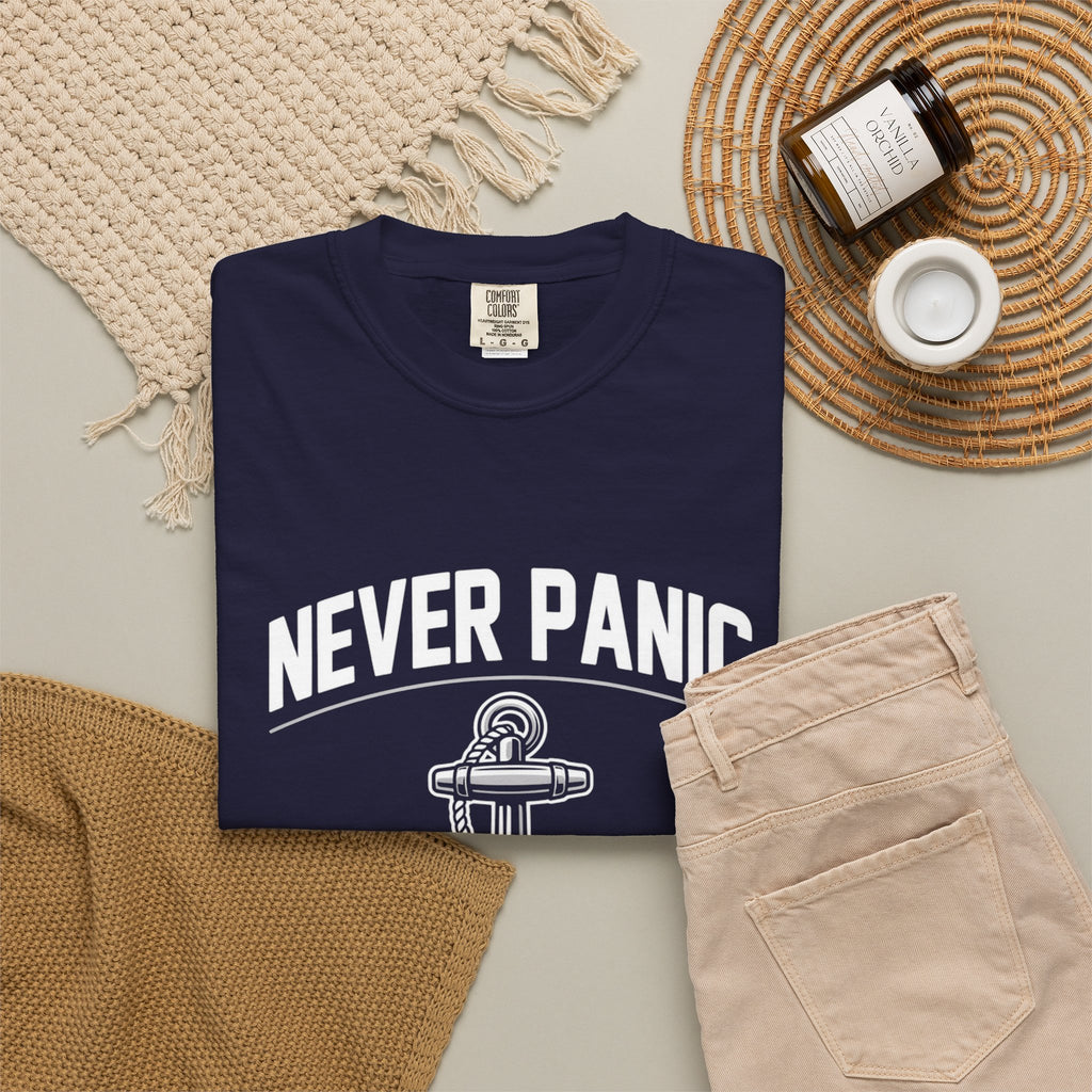 T-Shirt — "Never Panic Just Pray" Anchor Christian Faith Tee
