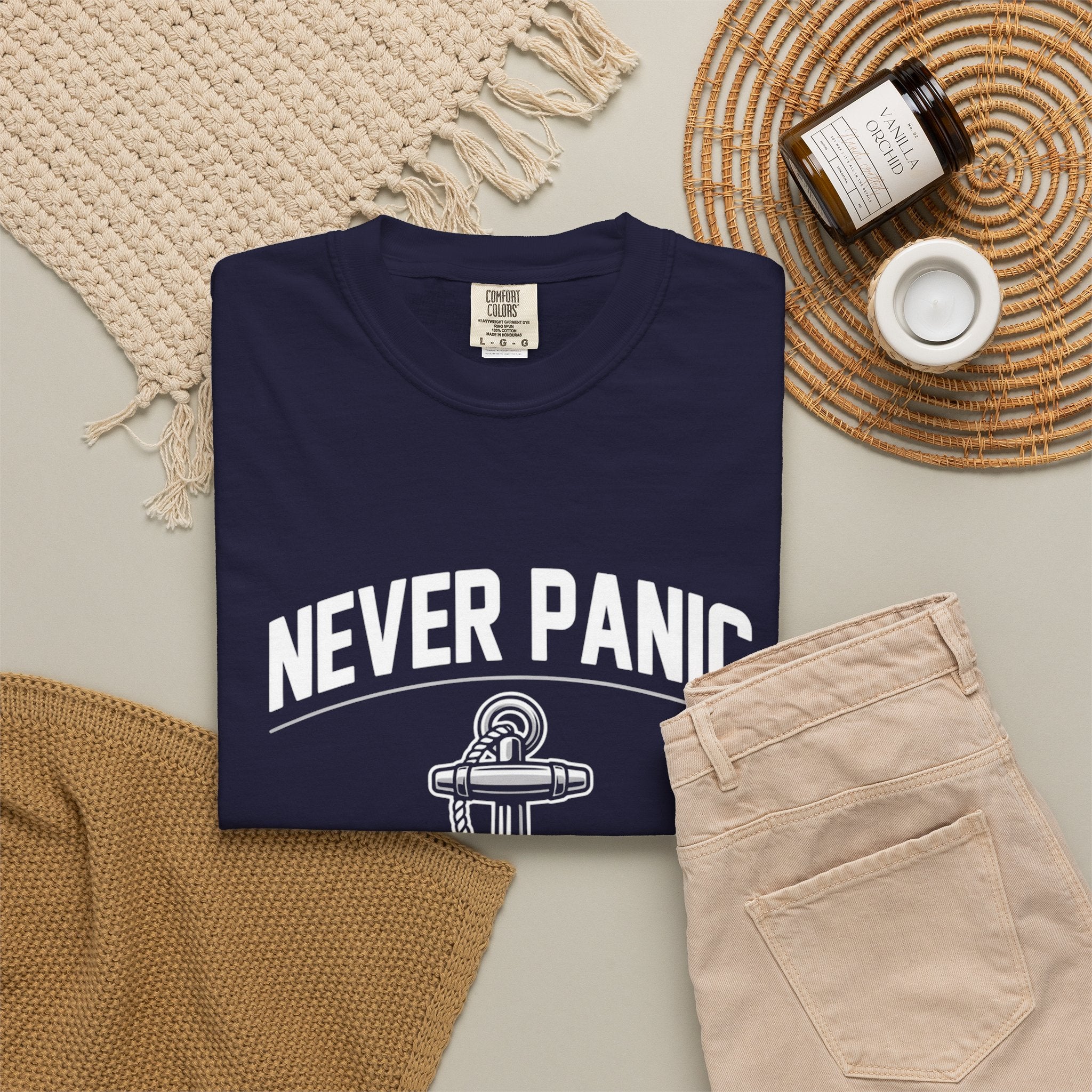 T-Shirt — "Never Panic Just Pray" Anchor Christian Faith Tee
