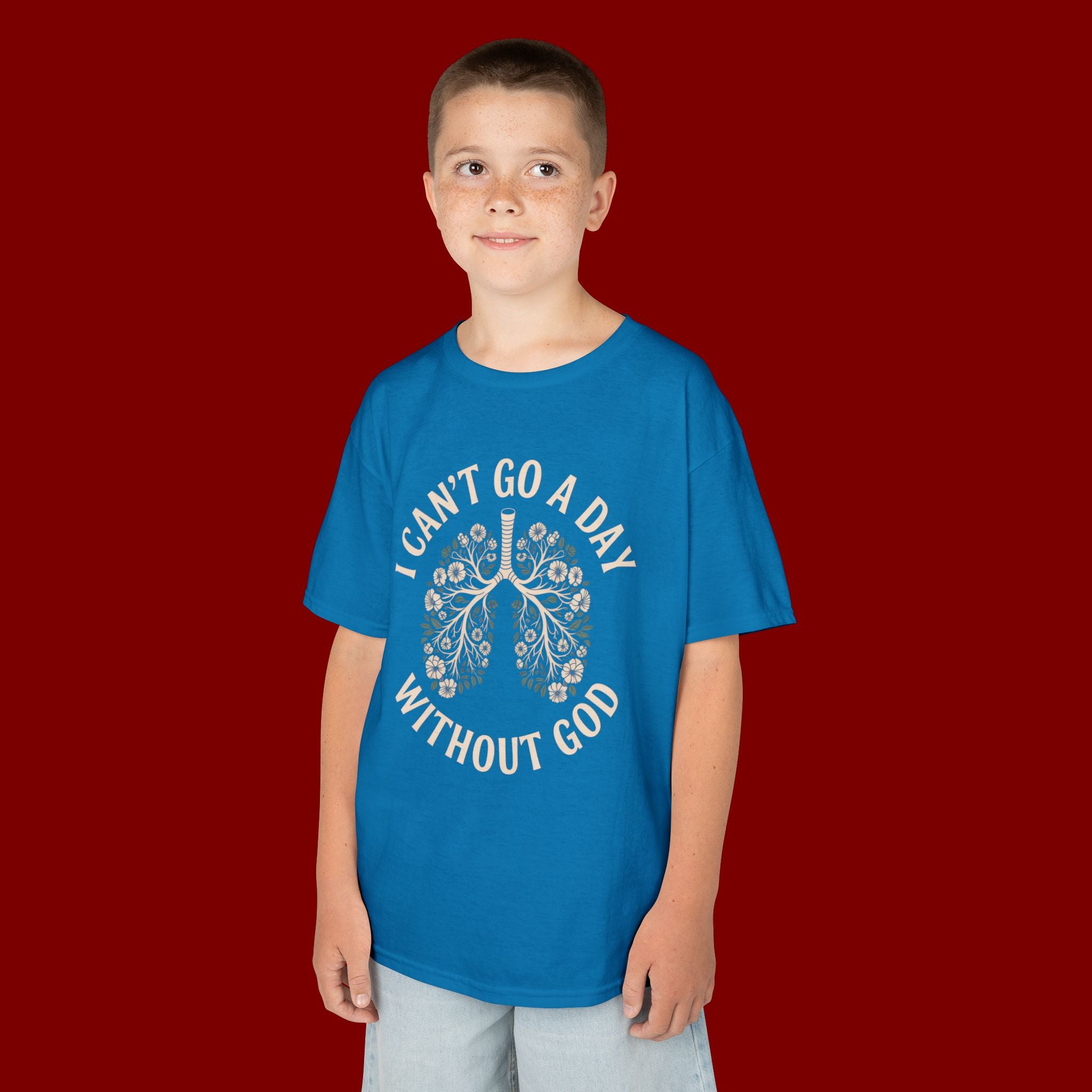 Kids T-Shirt – "I Can't Go a Day Without God" Floral Lungs Christian Tee