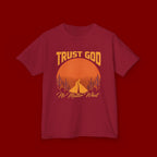 Kids Tee — "Trust God No Matter What" Sunset Camping Graphic