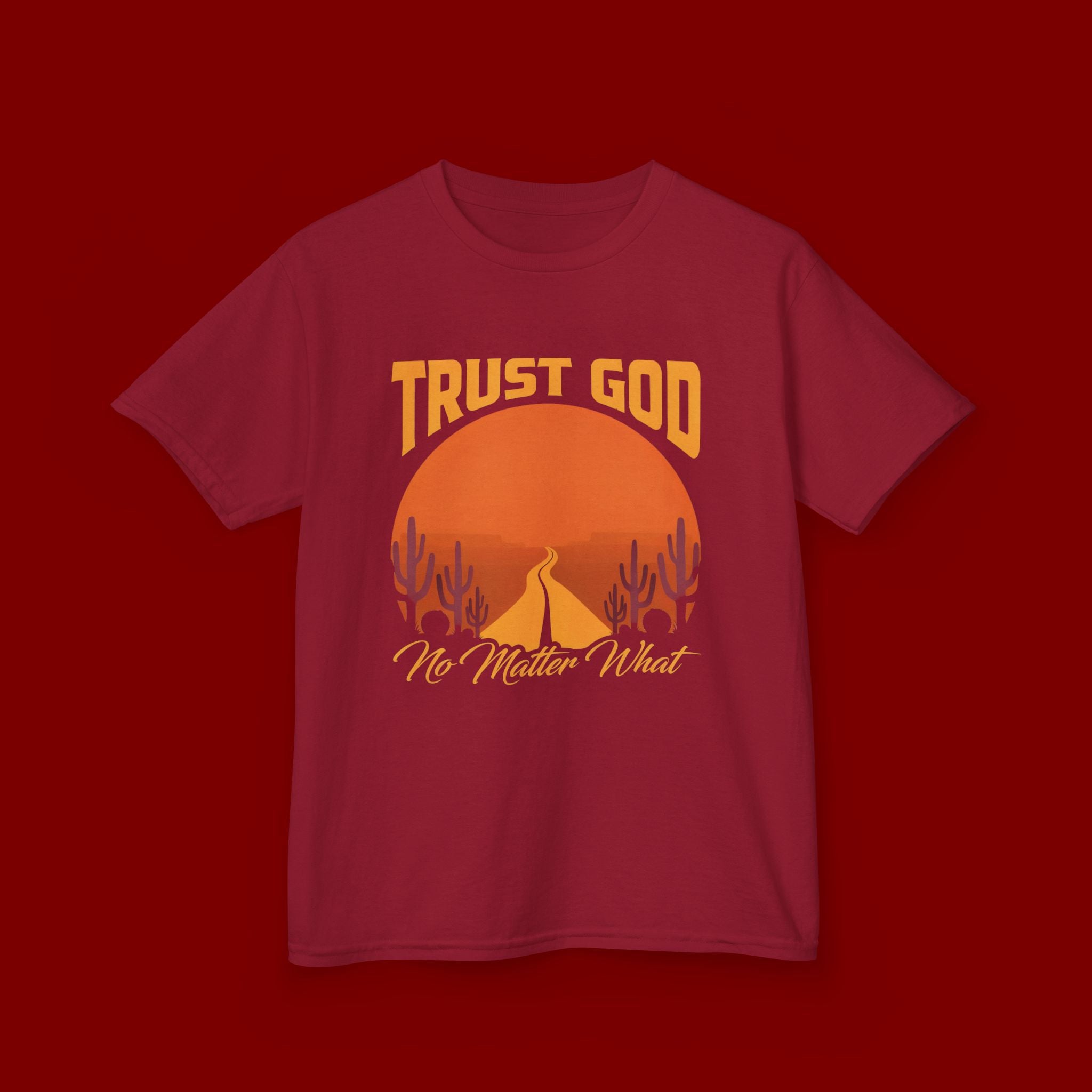 Kids Tee — "Trust God No Matter What" Sunset Camping Graphic