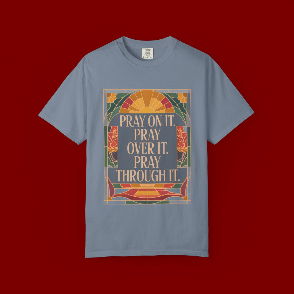 T-Shirt — Retro Sunset Floral Graphic “Play On It, Pray Over It, Pray Through It”