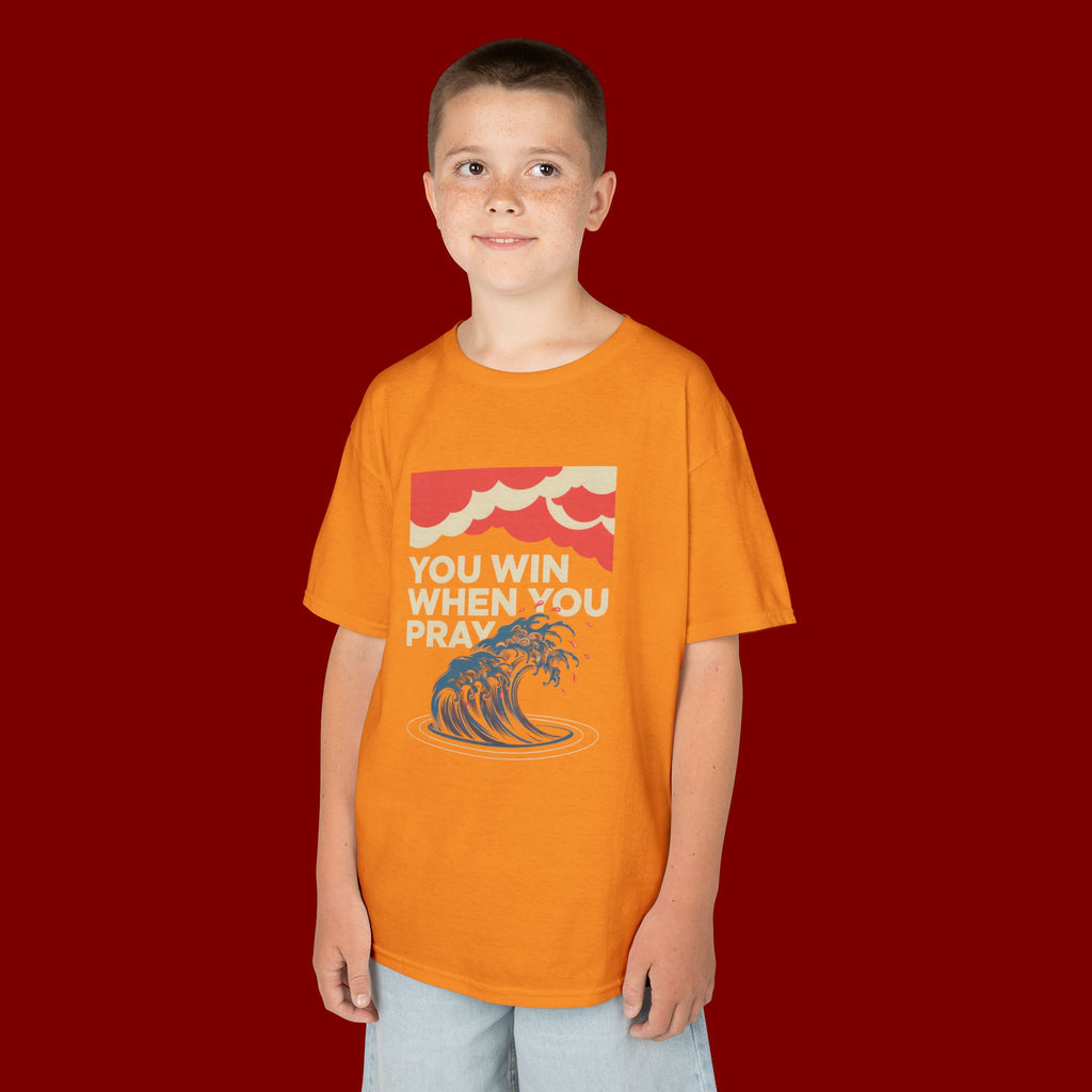 Kids Tee – “You Win When You Pray” Retro Wave Ocean Graphic