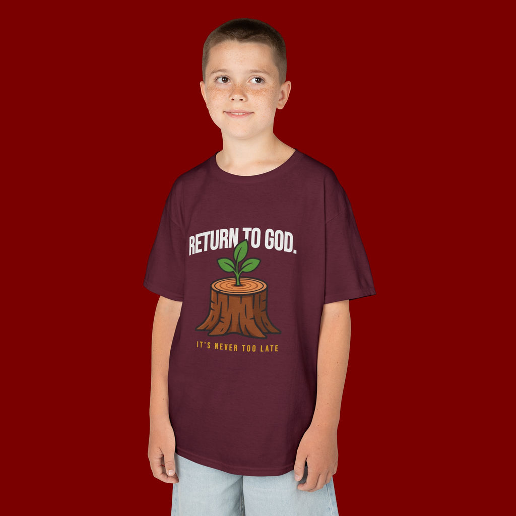 Return to God Kids T-Shirt – Tree Stump with Sprout, “It’s Never Too Late” Inspirational Youth Tee