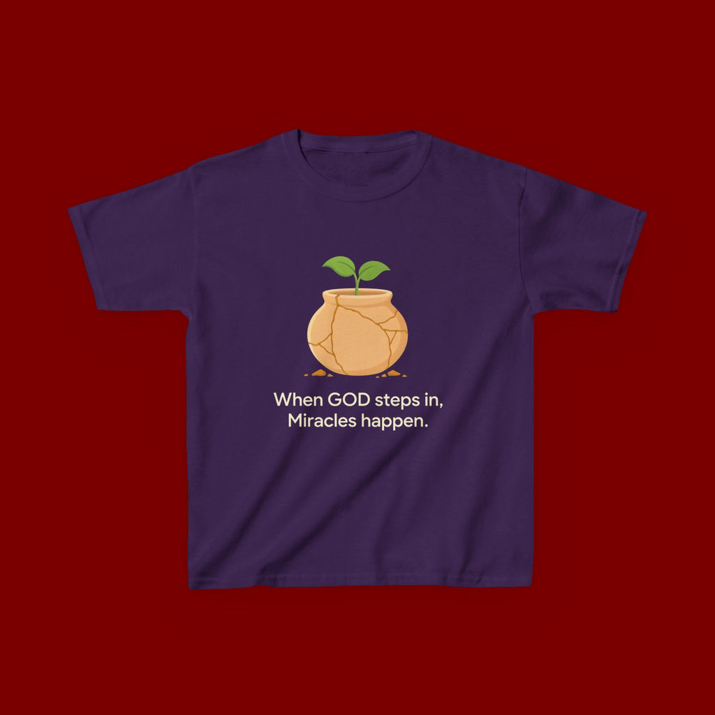 Kids Tee — "When GOD steps in, Miracles happen." Inspirational Christian T‑Shirt with Sprout Pot Design