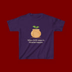 Kids Tee — "When GOD steps in, Miracles happen." Inspirational Christian T‑Shirt with Sprout Pot Design