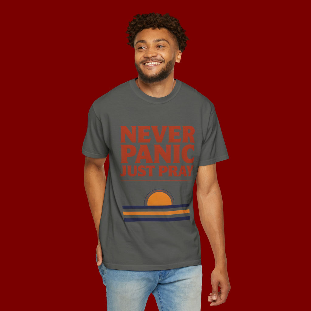 Never Panic Just Pray T‑Shirt — Retro Sunset Faith Tee