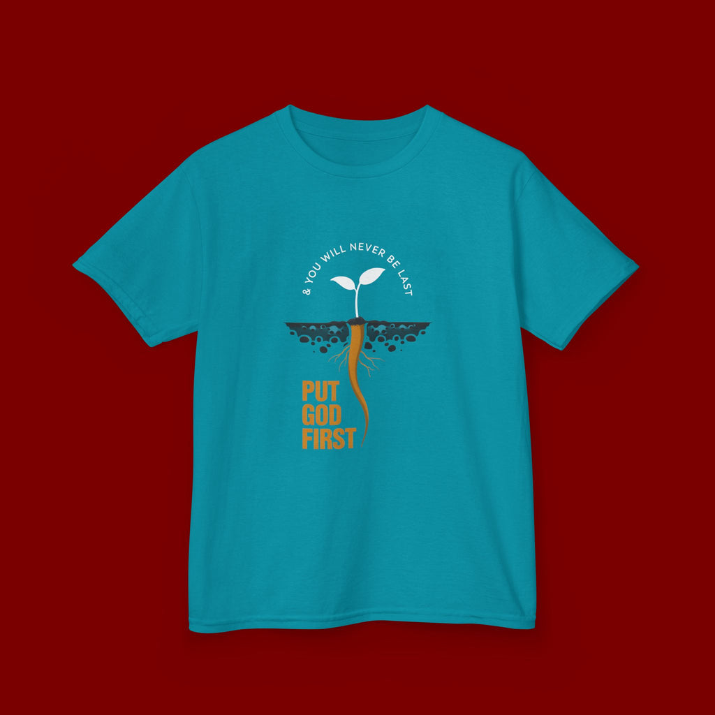 Kids T‑Shirt — 'Put God First' Religious Sprout Graphic Tee (Christian Youth)