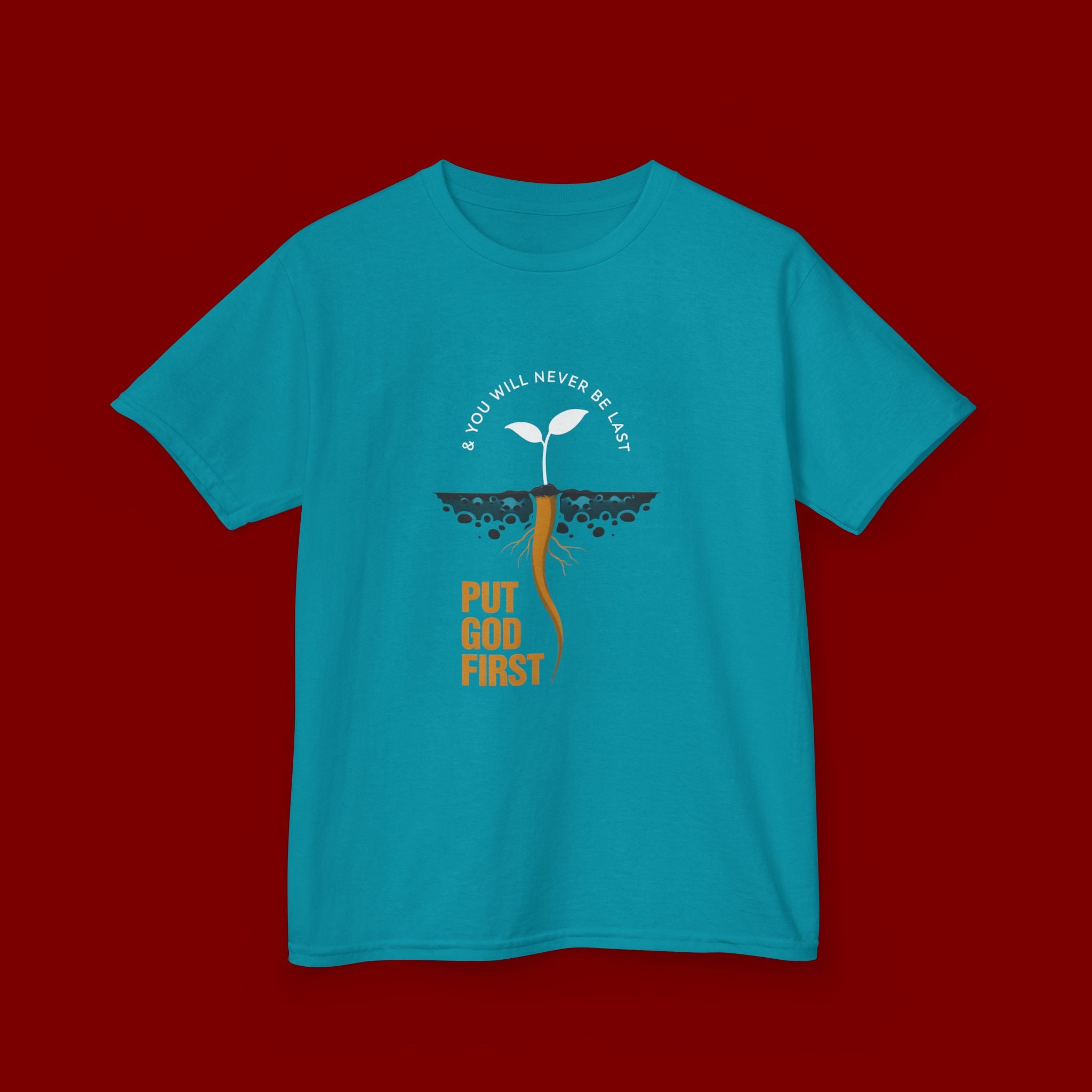 Kids T‑Shirt — 'Put God First' Religious Sprout Graphic Tee (Christian Youth)