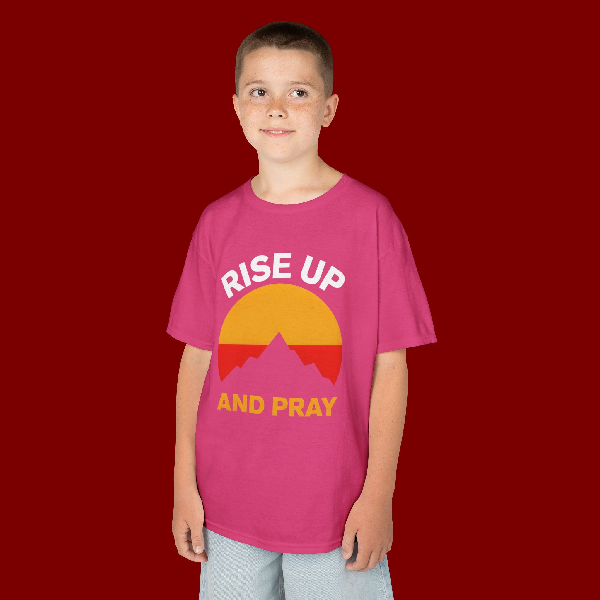 Kids Tee — "Rise Up and Pray" Mountain Sunrise Faith T‑Shirt