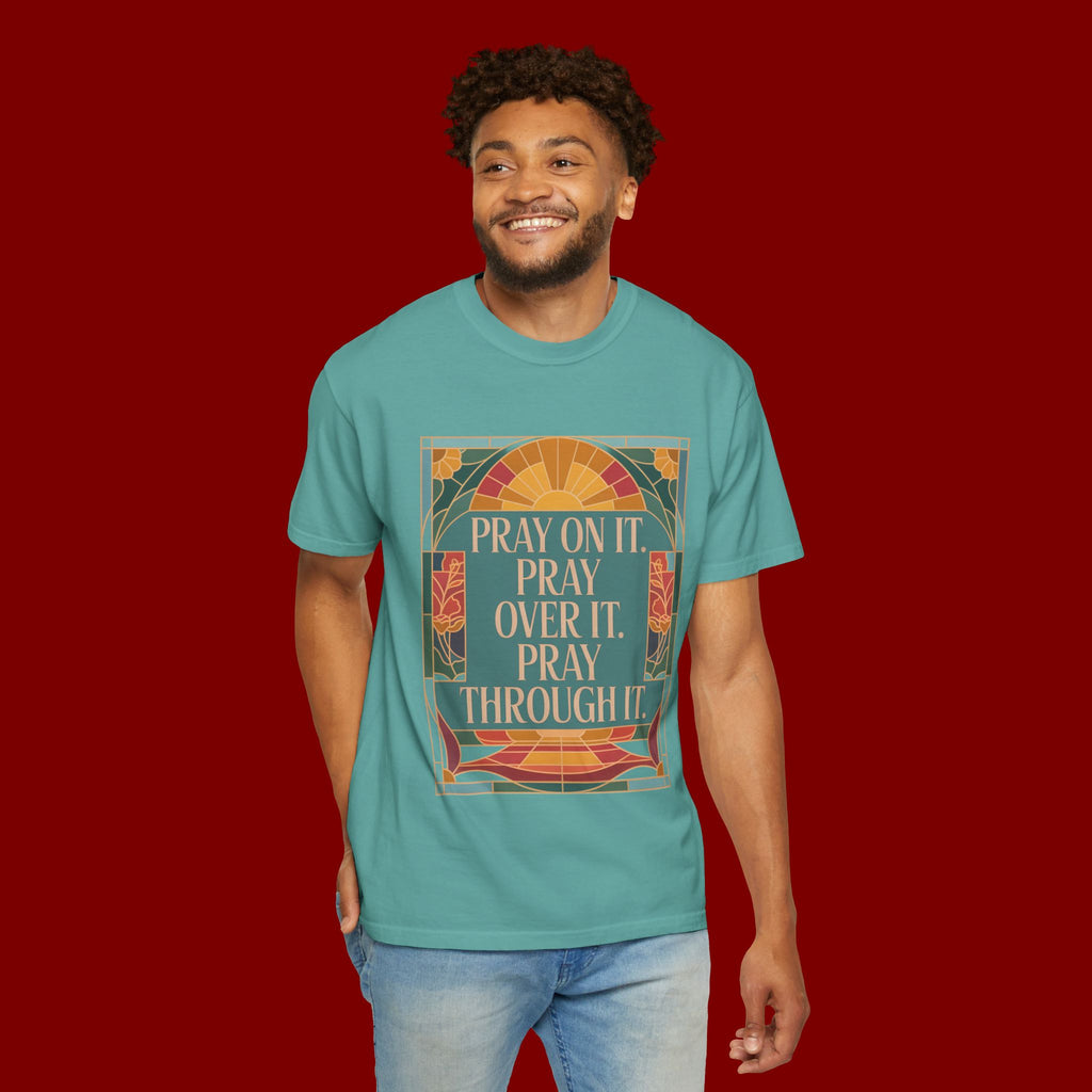 T-Shirt — Retro Sunset Floral Graphic “Play On It, Pray Over It, Pray Through It”