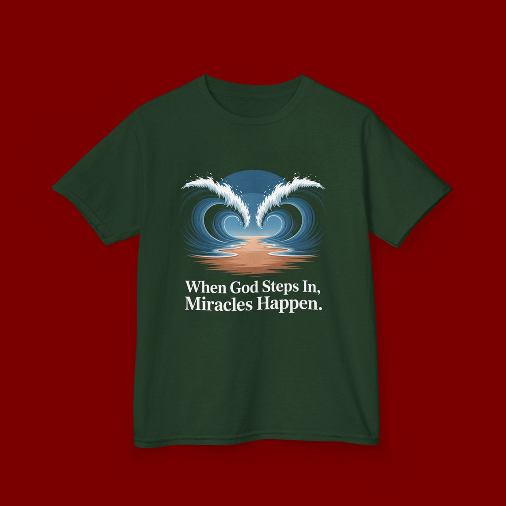 Kids Tee — “When God Steps In, Miracles Happen” Wave Heart Faith Shirt
