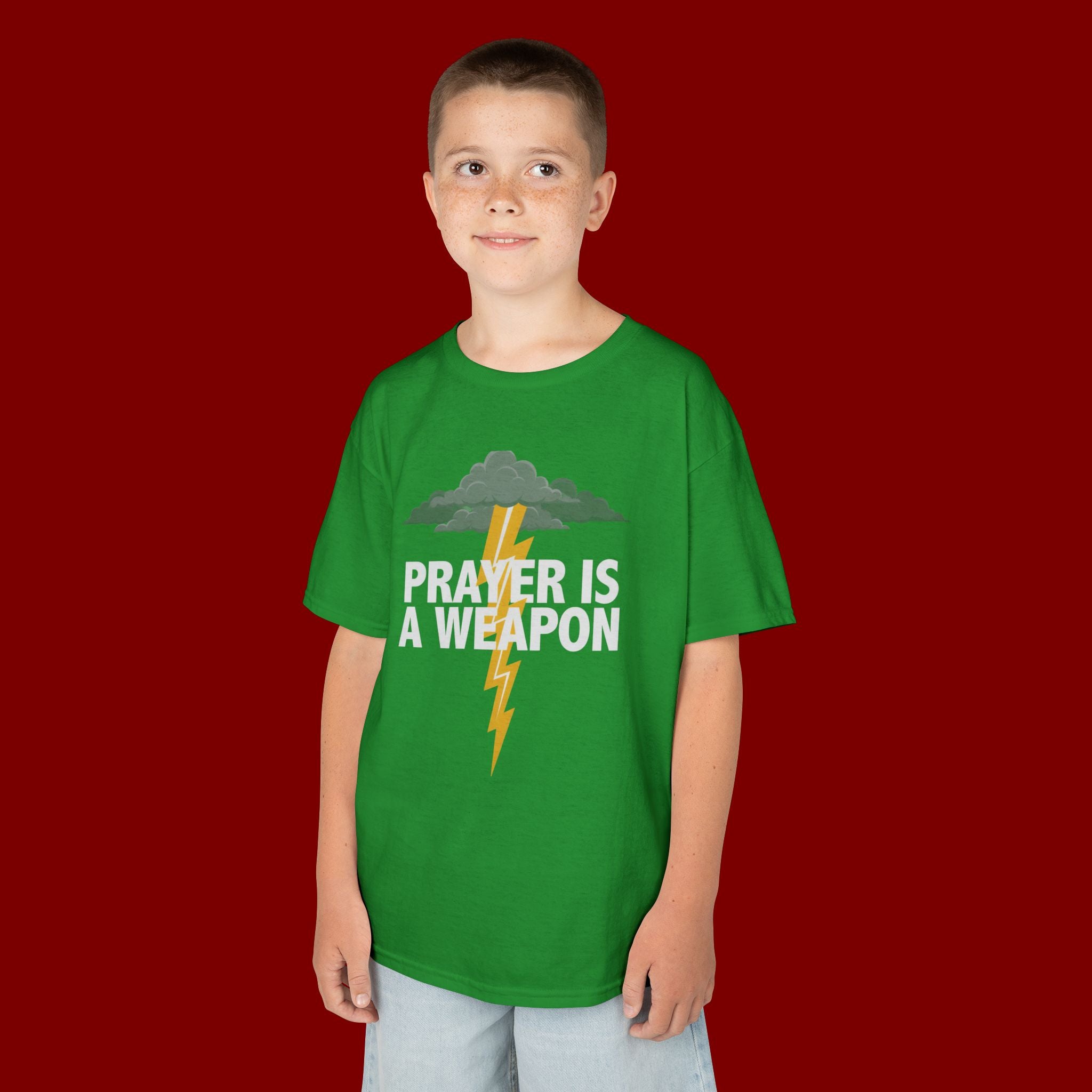 Kids Tee — "Prayer Is A Weapon" Lightning Graphic Christian Shirt