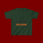 Kids T-Shirt — "Pray Because God Listens" Christian Faith Tee with Dove Graphic