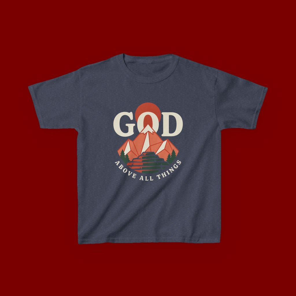 Kids Tee – 'GOD' Mountain Sunrise Faith Graphic