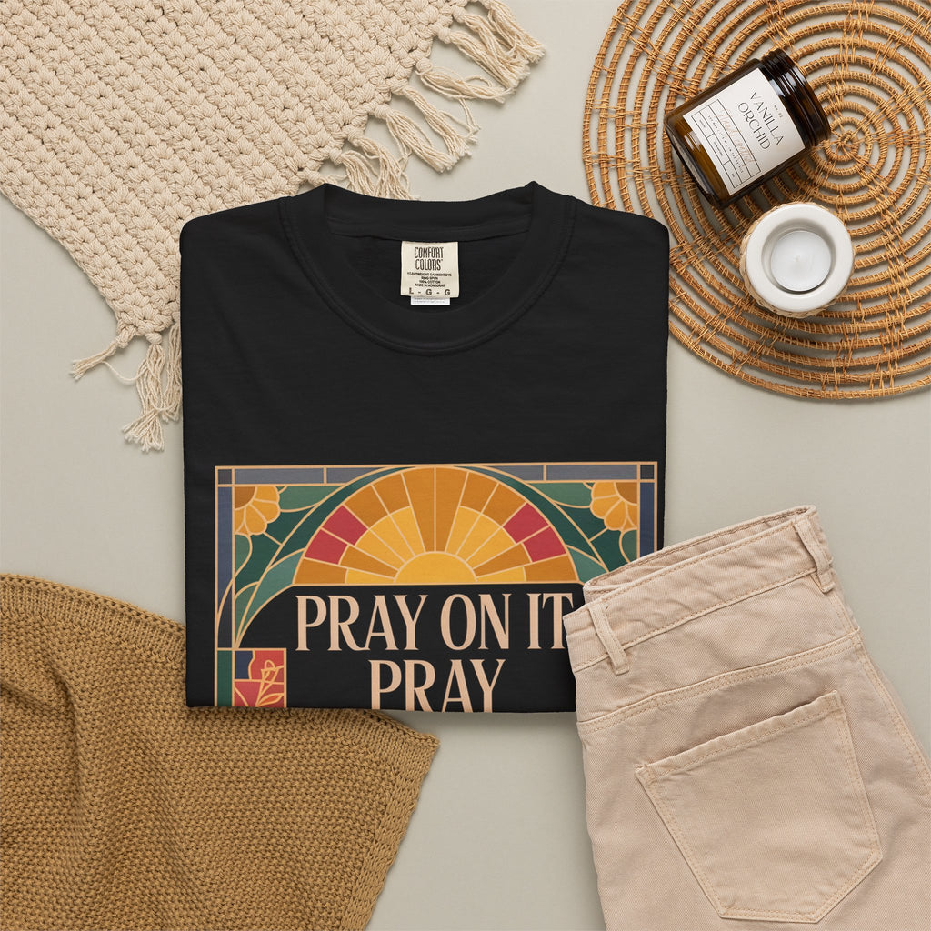 T-Shirt — Retro Sunset Floral Graphic “Play On It, Pray Over It, Pray Through It”