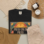 T-Shirt — Retro Sunset Floral Graphic “Play On It, Pray Over It, Pray Through It”