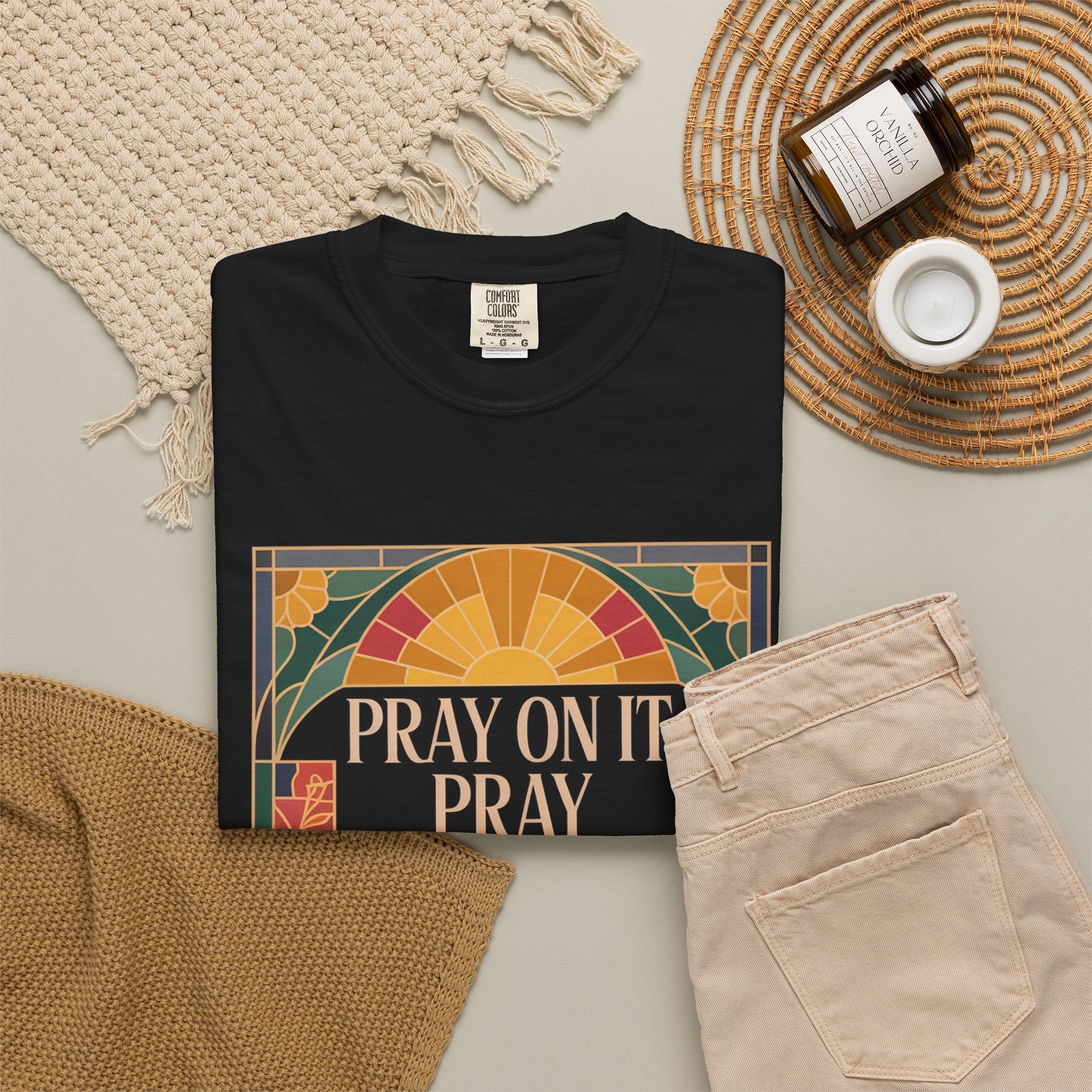 T-Shirt — Retro Sunset Floral Graphic “Play On It, Pray Over It, Pray Through It”