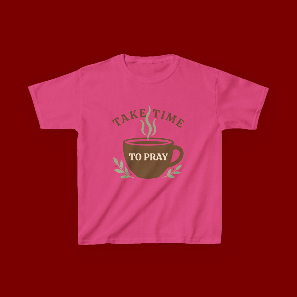 Kids Tee — "Take Time to Pray" Coffee Cup Faith Graphic