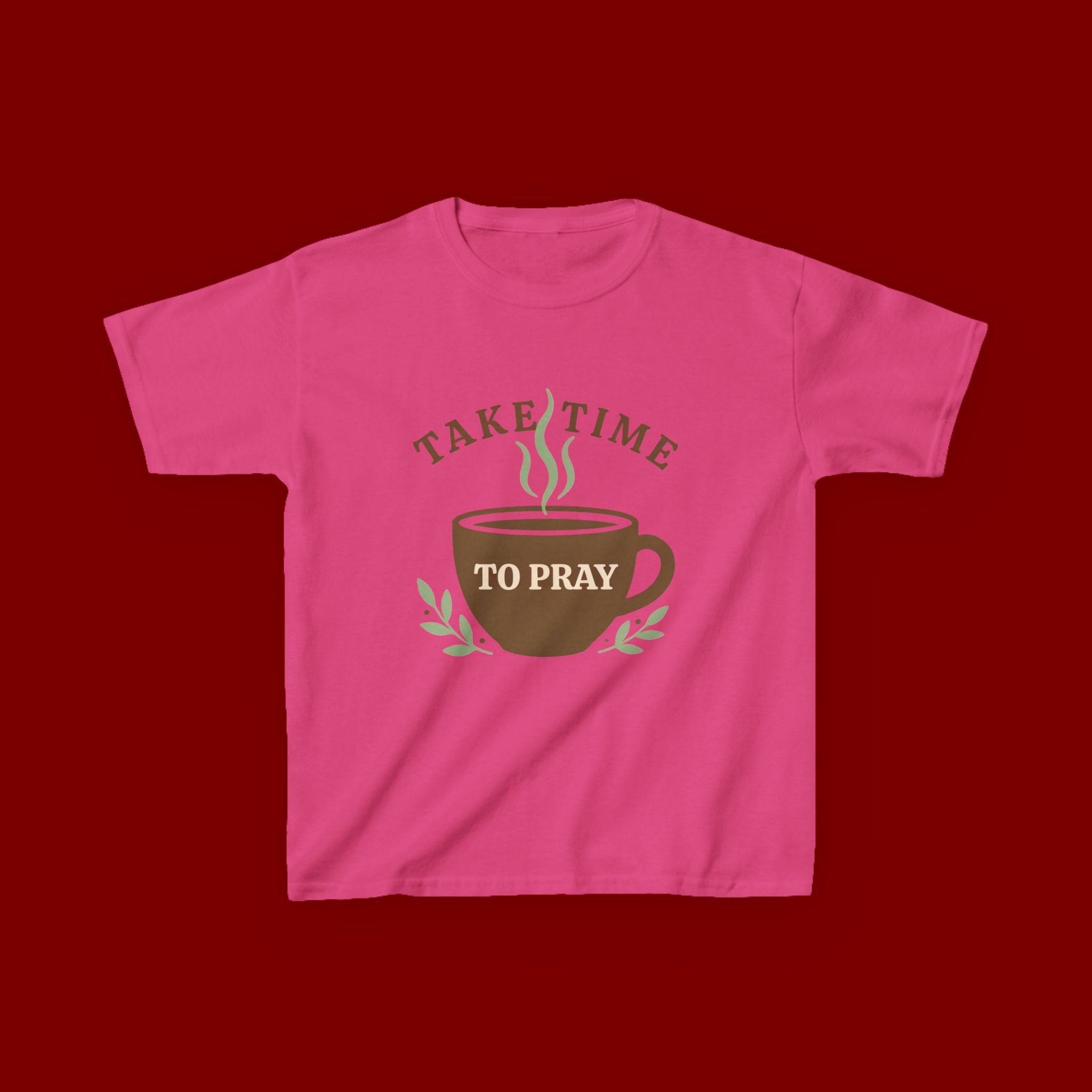 Kids Tee — "Take Time to Pray" Coffee Cup Faith Graphic