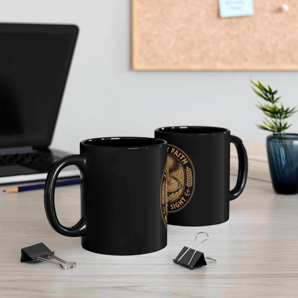 Live by Faith Black Mug — Inspirational Christian Coffee Cup ("Live by Faith Not by Sight")