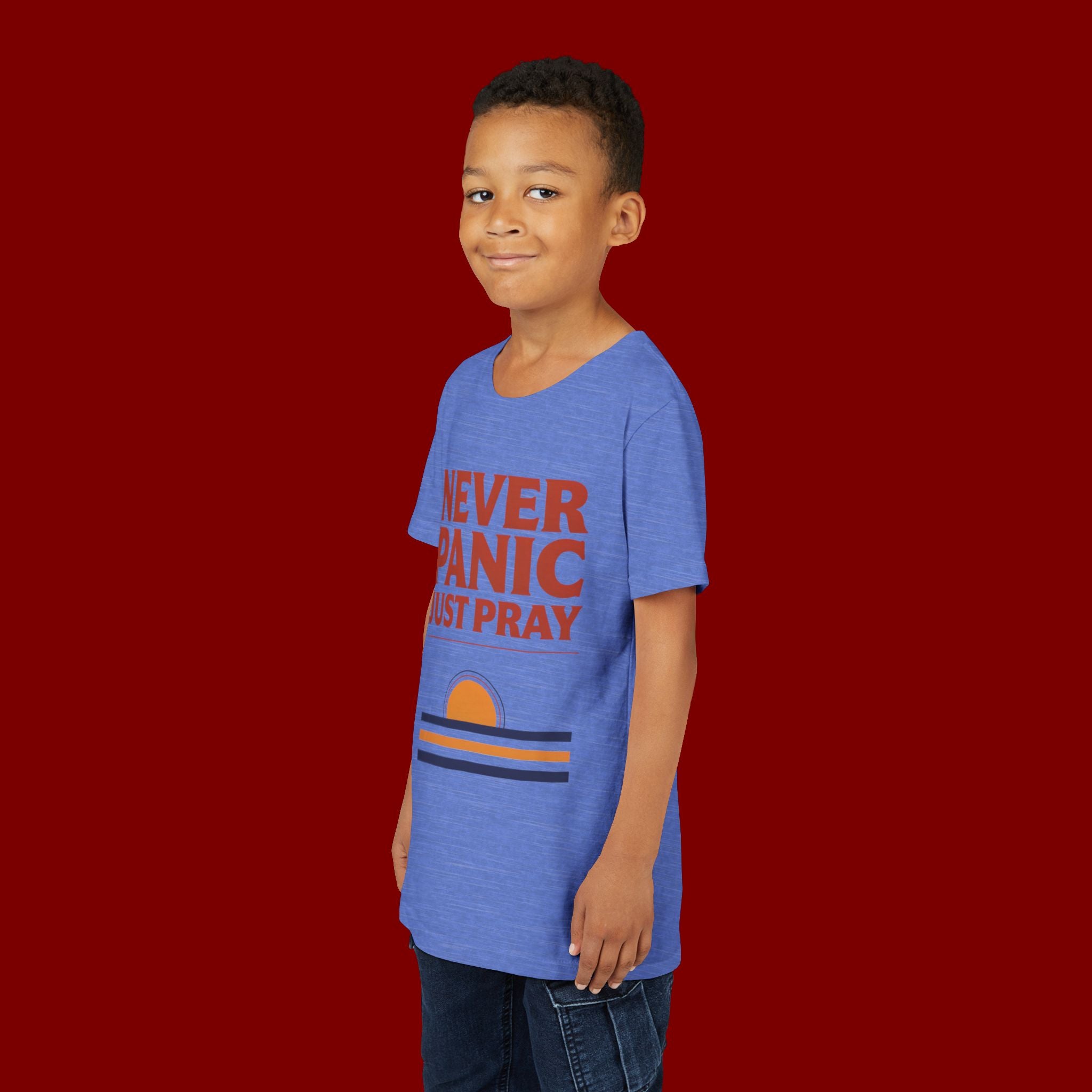 Youth Tee — "Never Panic Just Pray" Retro Sunset Kids T-Shirt