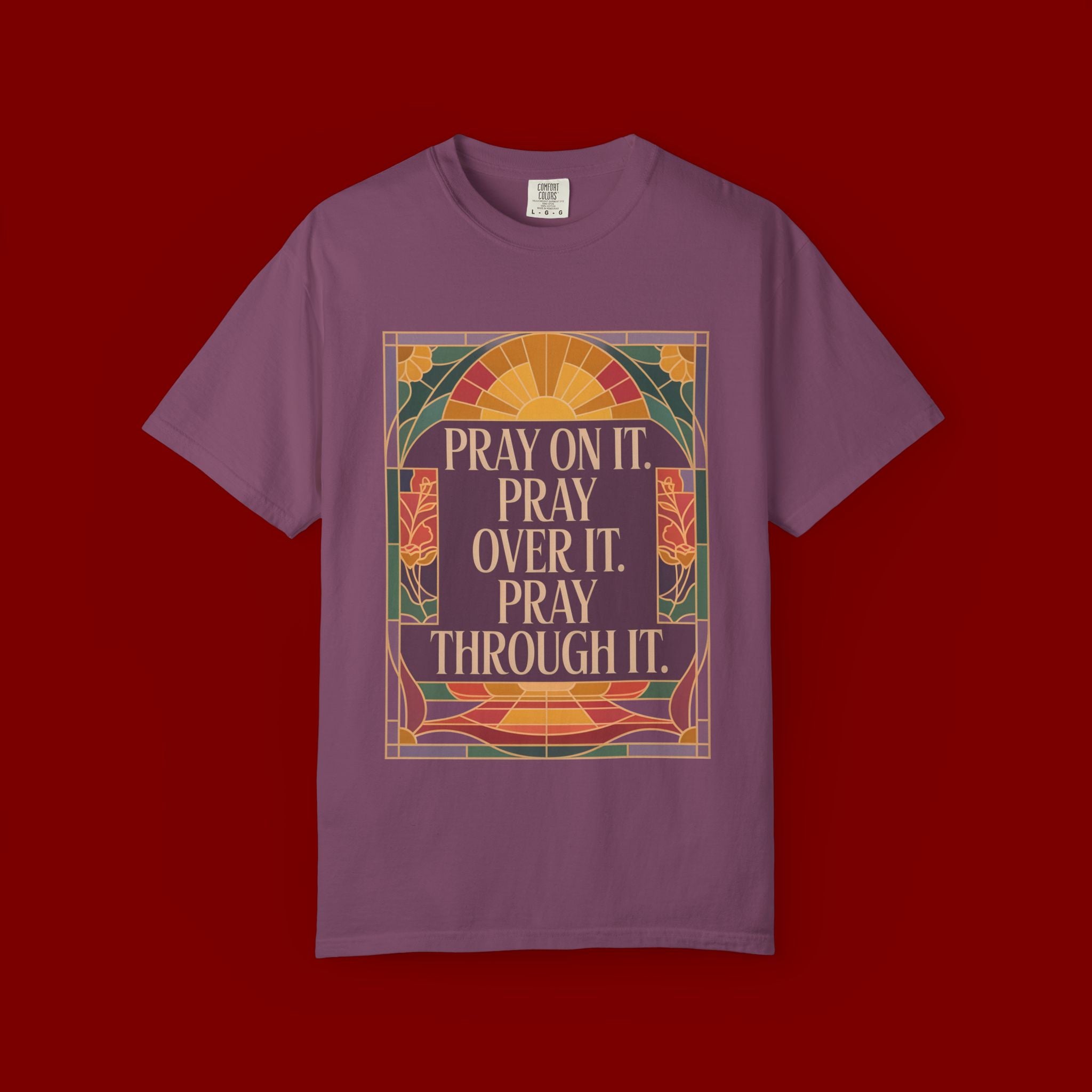 T-Shirt — Retro Sunset Floral Graphic “Play On It, Pray Over It, Pray Through It”