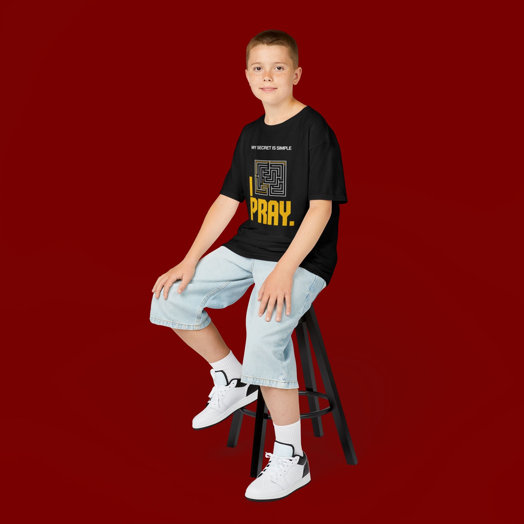 Kids Tee — "My Secret Is Simple: I Pray." Maze Faith T‑Shirt