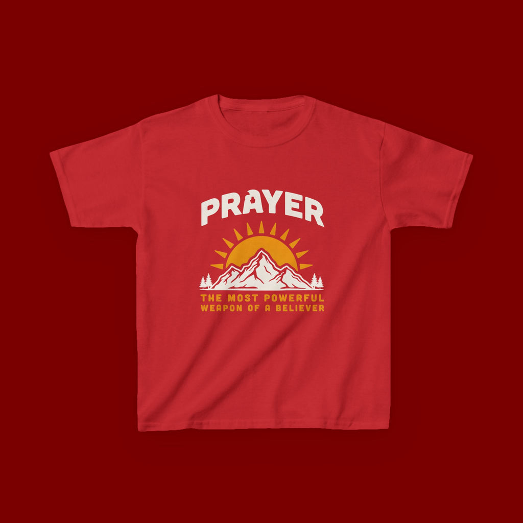 Kids Tee — "Prayer: The Most Powerful Weapon of a Believer" Mountain Sun Graphic