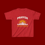 Kids Tee — "Prayer: The Most Powerful Weapon of a Believer" Mountain Sun Graphic