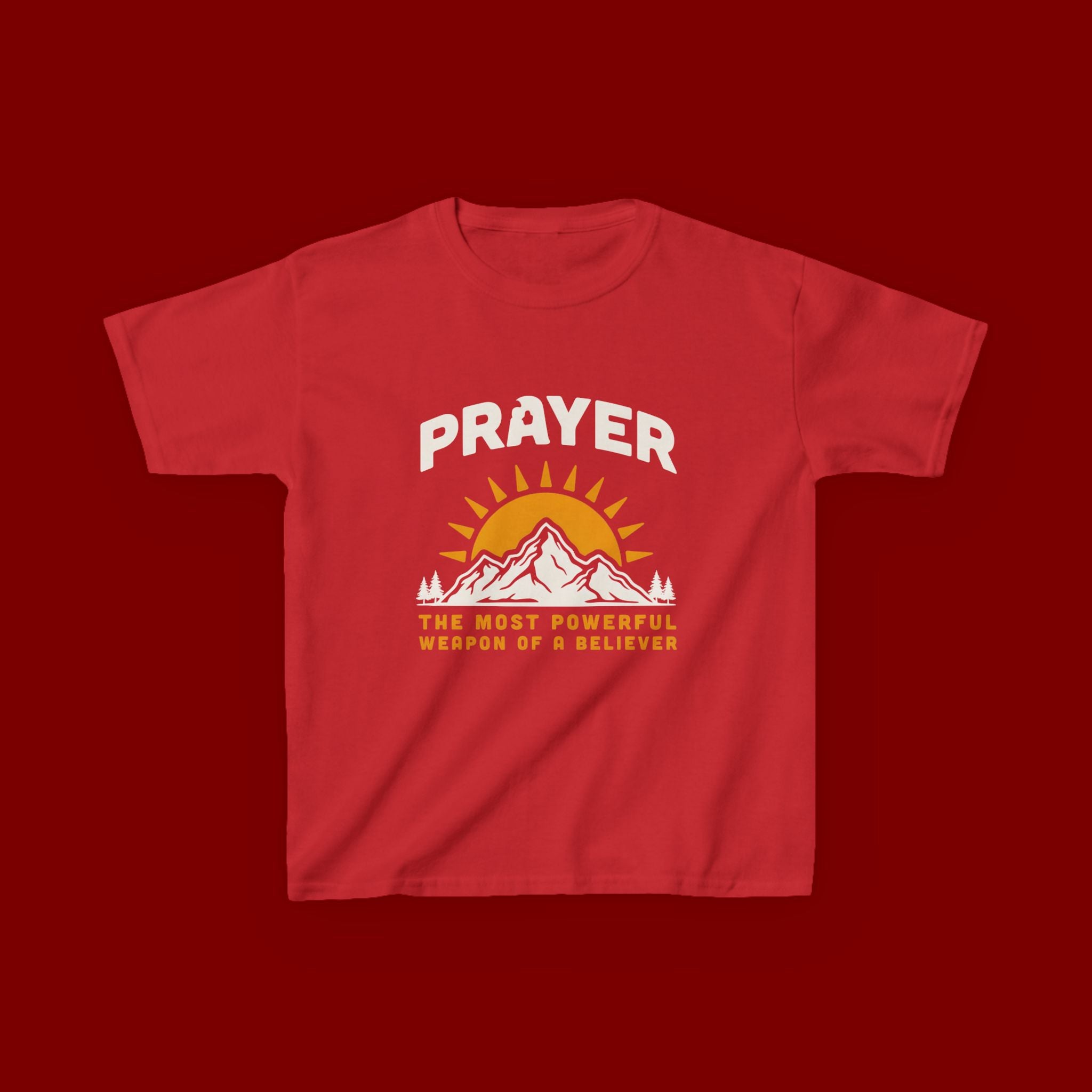Kids Tee — "Prayer: The Most Powerful Weapon of a Believer" Mountain Sun Graphic
