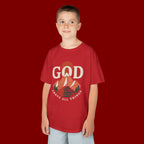 Kids Tee – 'GOD' Mountain Sunrise Faith Graphic