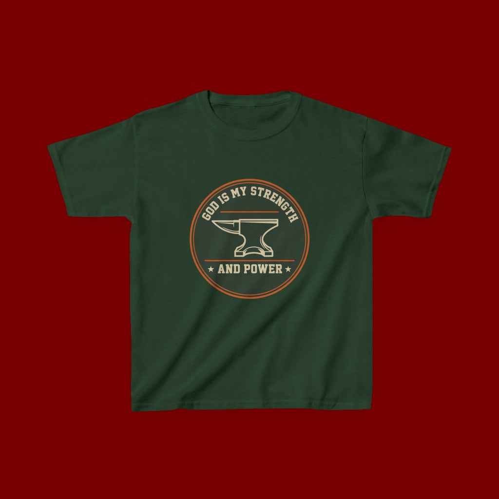 Kids Tee — "God Is My Strength and Power" Anvil & Anvil-Forge Christian Youth Shirt