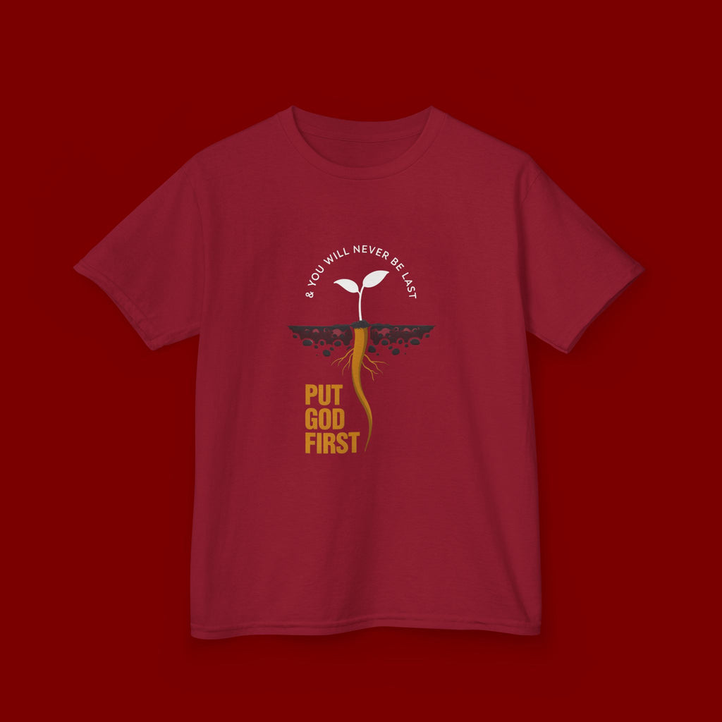 Kids T‑Shirt — 'Put God First' Religious Sprout Graphic Tee (Christian Youth)