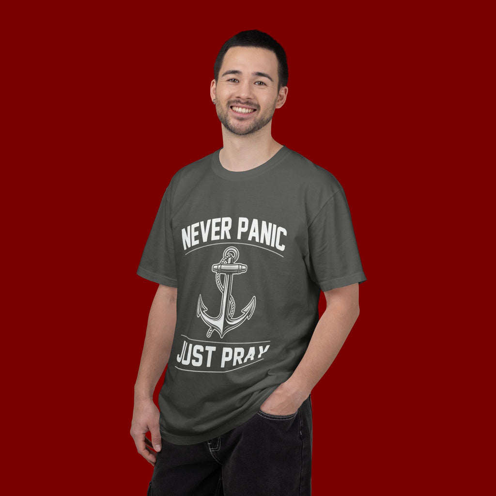 T-Shirt — "Never Panic Just Pray" Anchor Christian Faith Tee