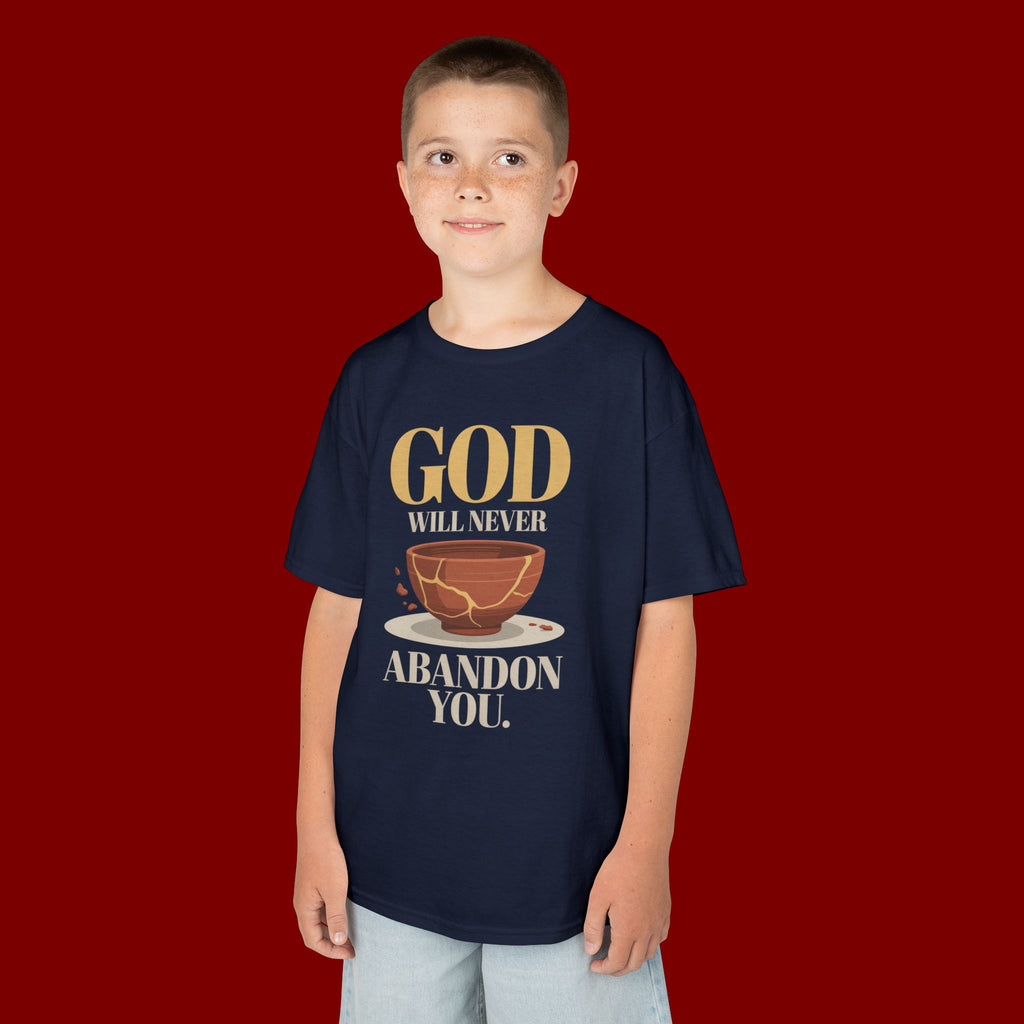 Kids Tee — "God Will Never Abandon You" Faith Graphic