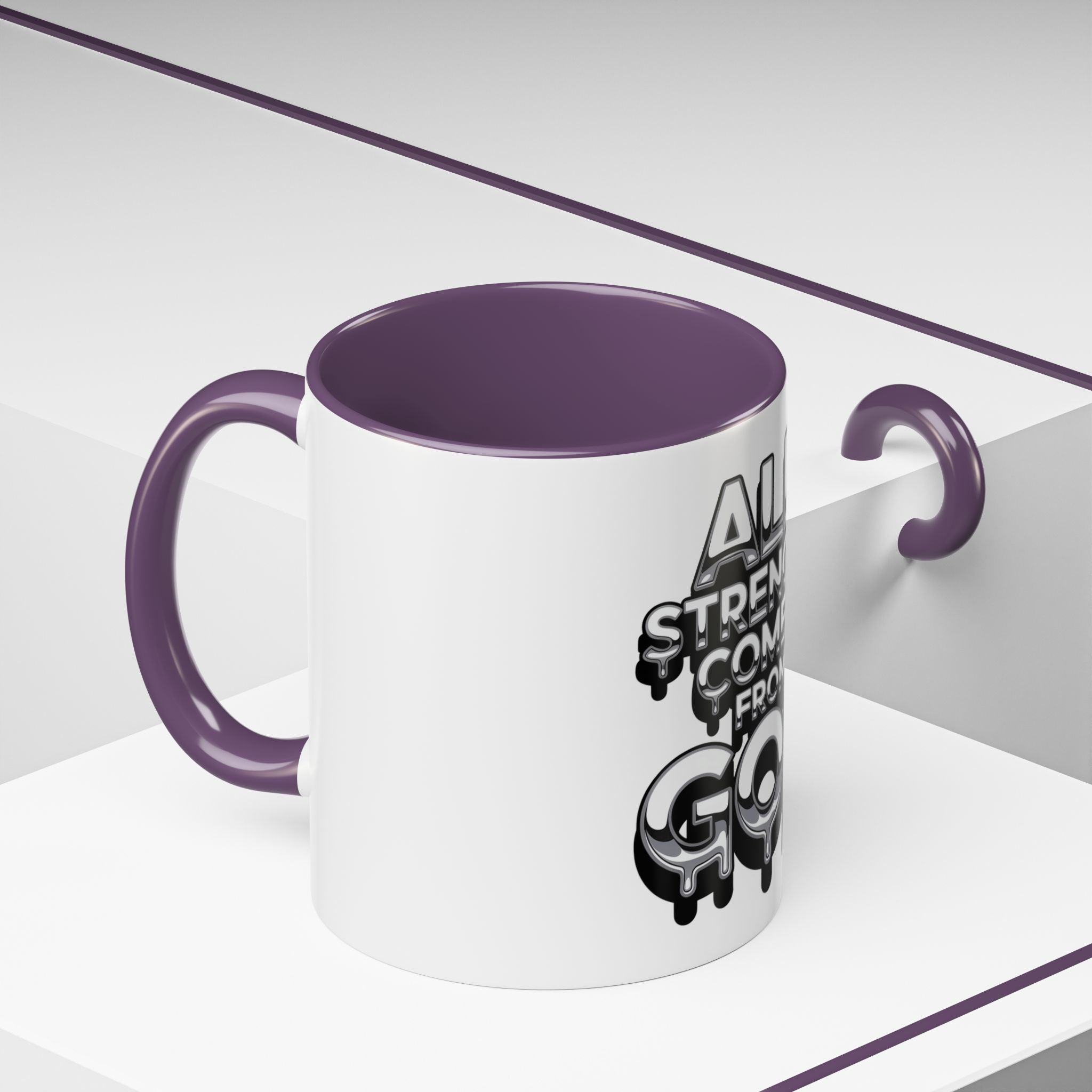 Ceramic Mug — "All Strength Comes From God" Black Accent Coffee Cup (11/15 oz)